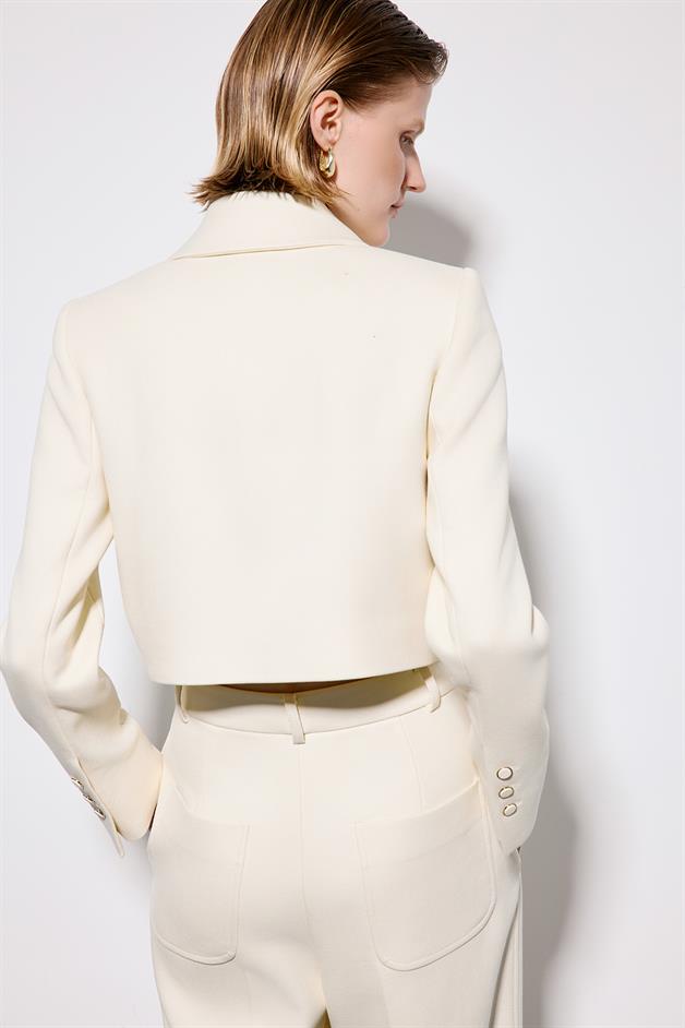 Ecru Crop Blazer With Metal Buttons