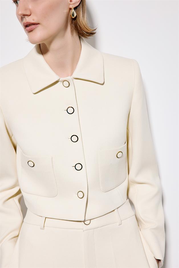 Ecru Crop Blazer With Metal Buttons