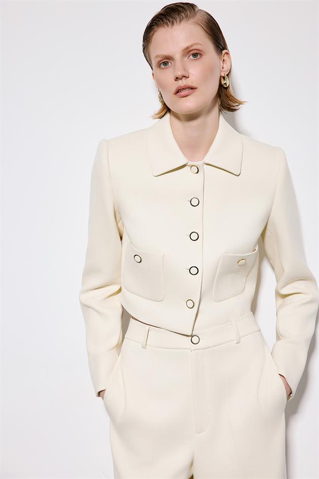 Ecru Crop Blazer With Metal Buttons