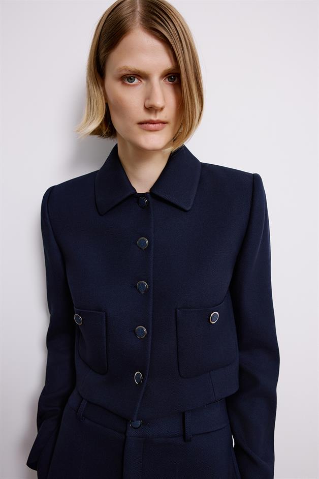 Navy Crop Blazer With Metal Buttons