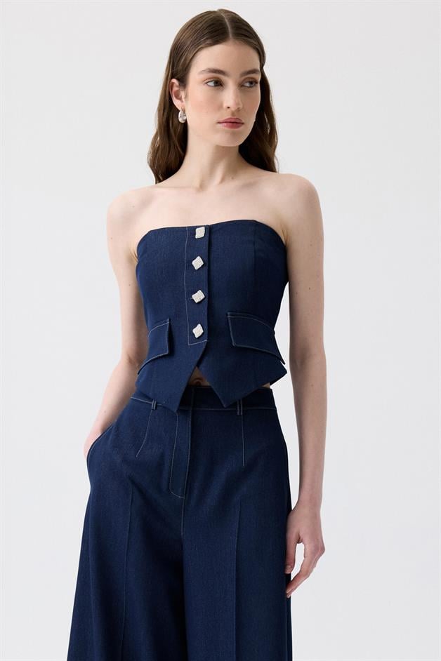 Metal Düğmeli Straplez Denim Lacivert Büstiyer