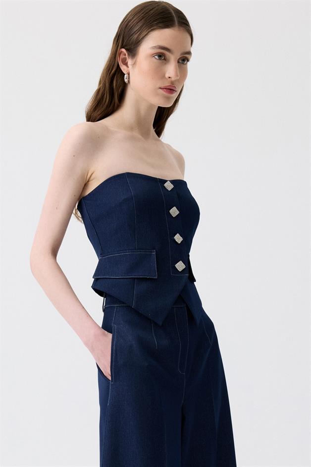 Metal Düğmeli Straplez Denim Lacivert Büstiyer