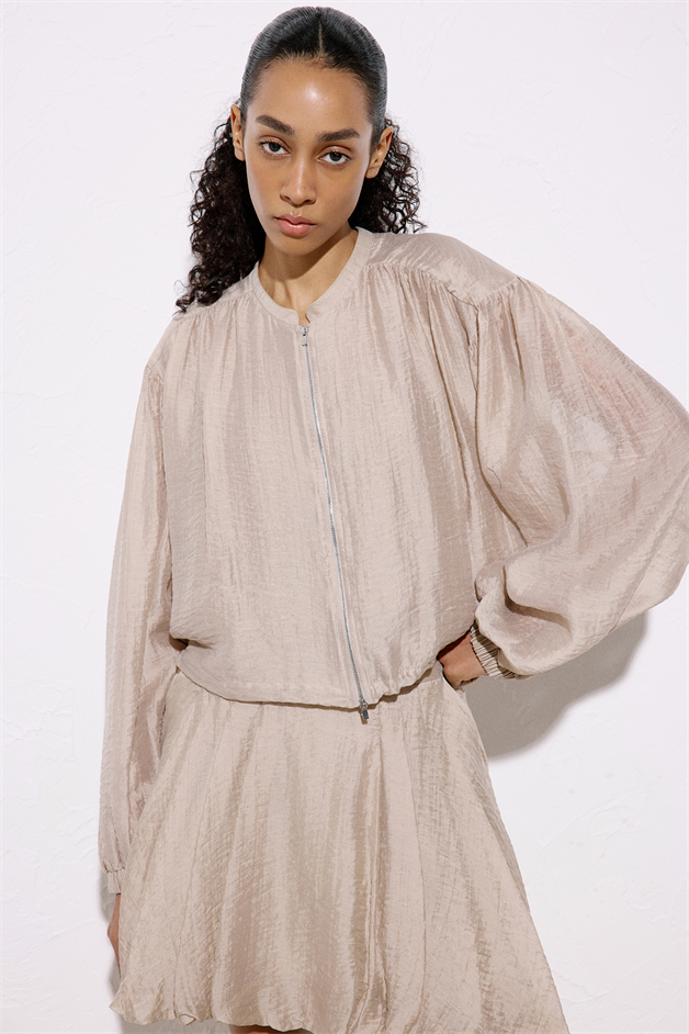 Metal Zippered Waist Cinched Beige Jacket