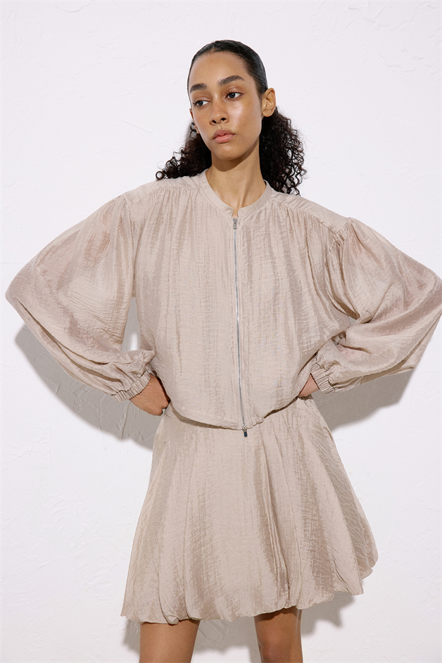 Metal Zippered Waist Cinched Beige Jacket