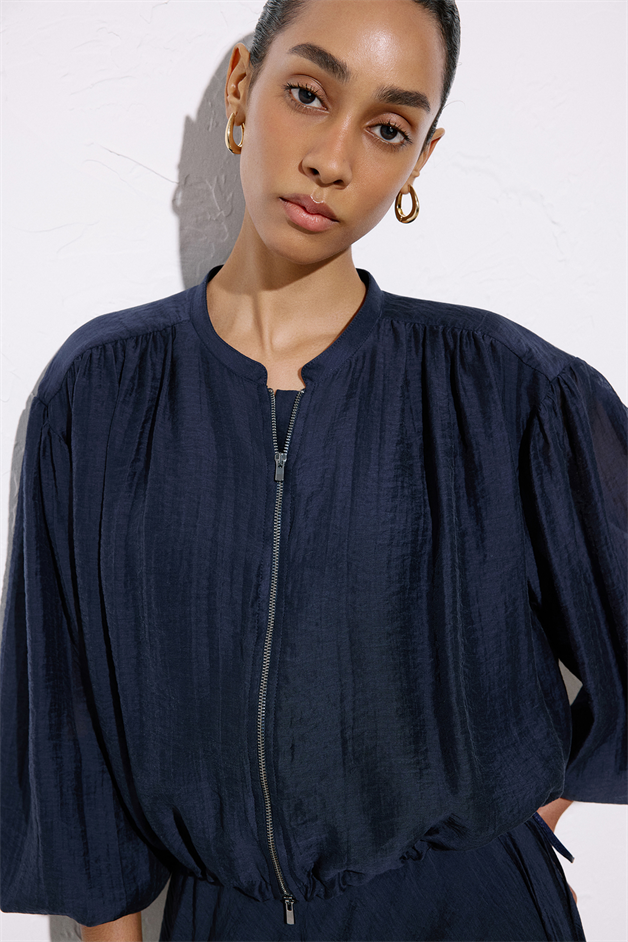 Metal Zippered Waist Cinched Navy Blue Jacket