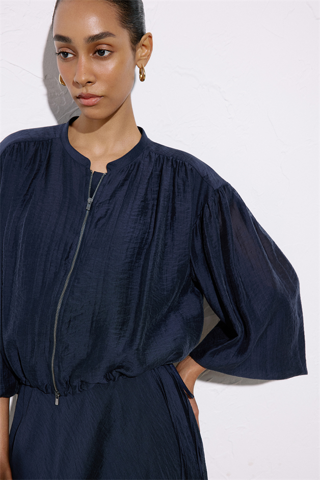 Metal Zippered Waist Cinched Navy Blue Jacket