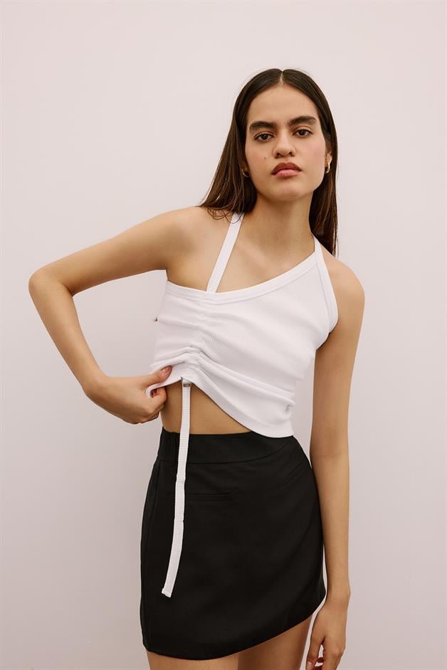 Metal Buckle Strappy Stretch White Blouse