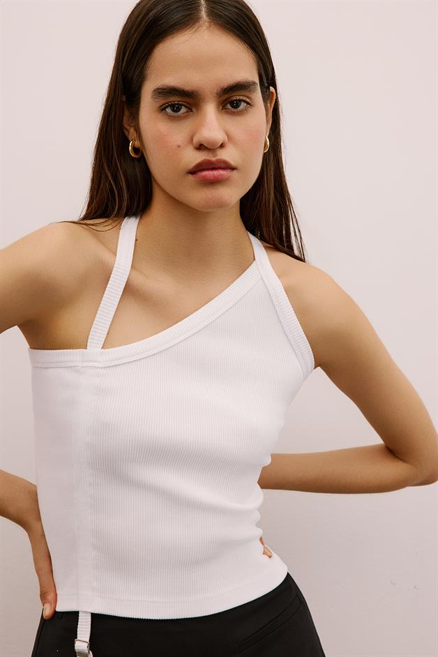 Metal Buckle Strappy Stretch White Blouse