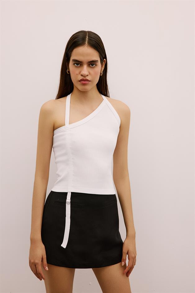 Metal Buckle Strappy Stretch White Blouse