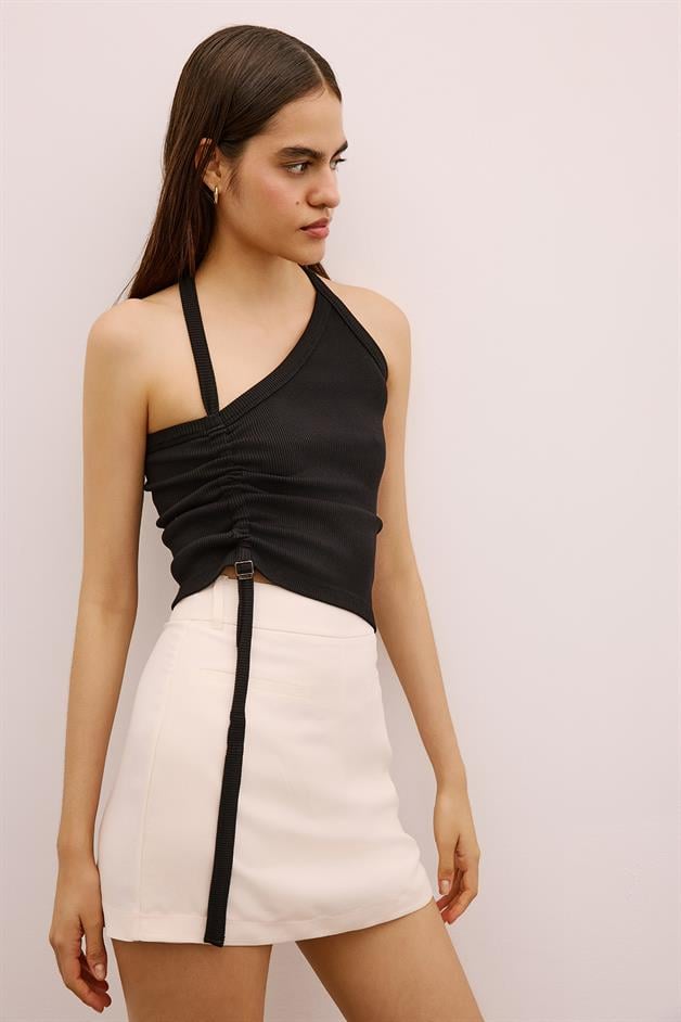 Metal Buckle Strappy Stretch Black Blouse