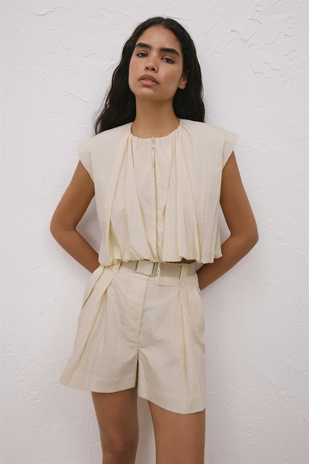 Metal Buckle Ecru Mini Shorts