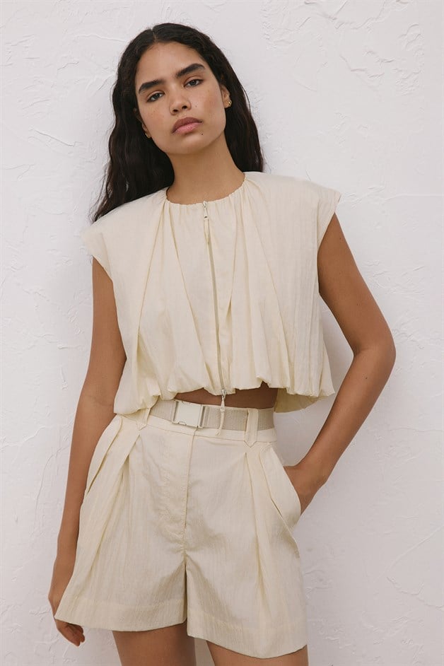Metal Buckle Ecru Mini Shorts