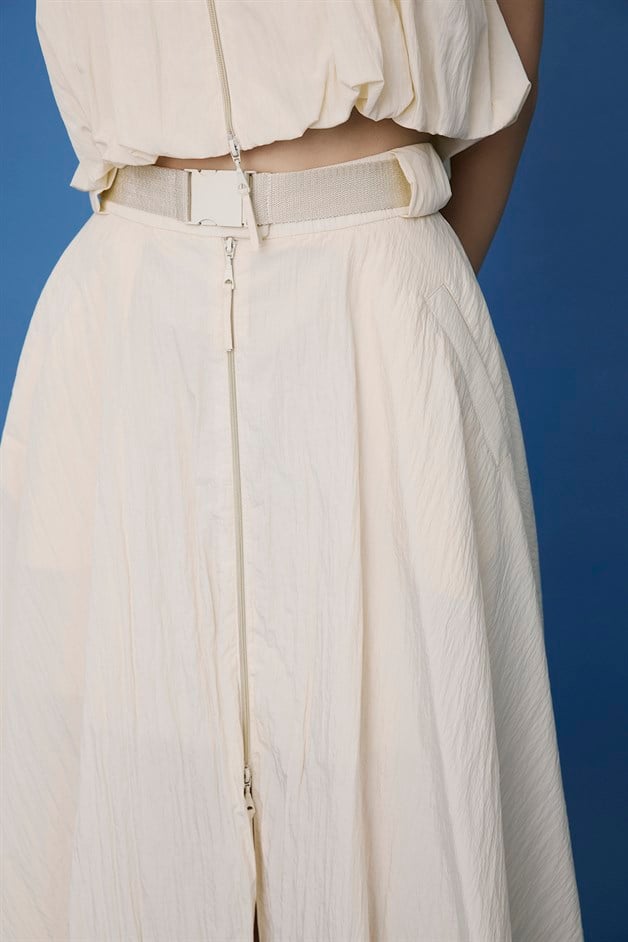 Metal Buckle Flared Ecru Midi Skirt