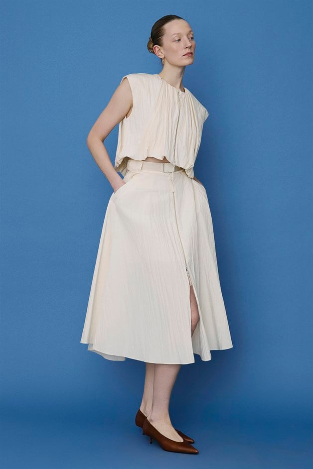 Metal Buckle Flared Ecru Midi Skirt