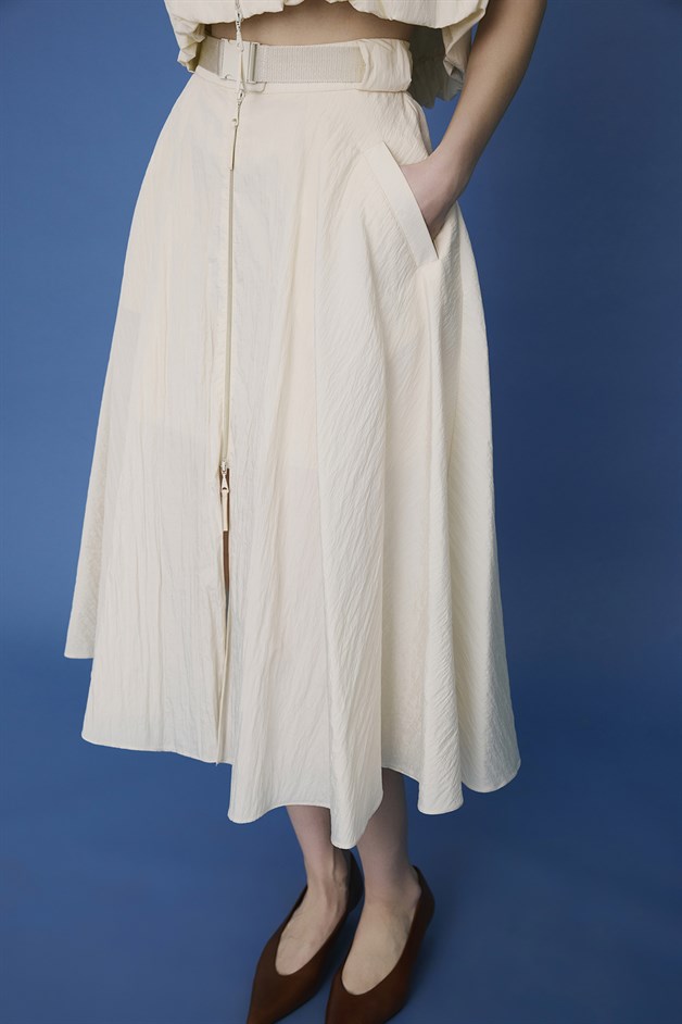 Metal Buckle Flared Ecru Midi Skirt