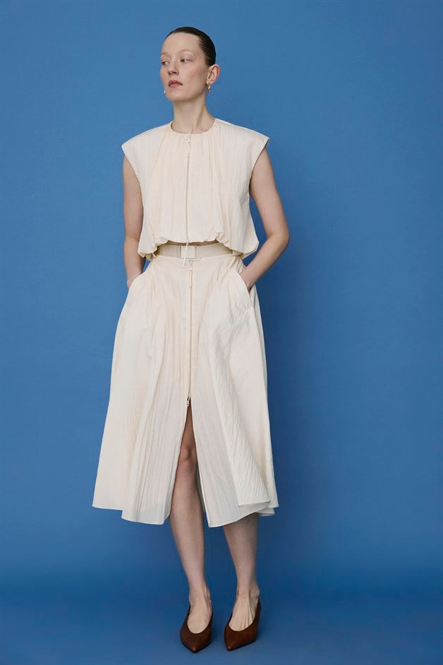 Metal Buckle Flared Ecru Midi Skirt