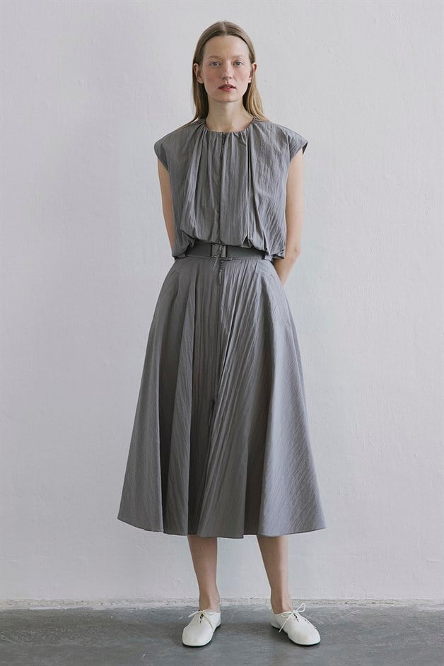 Metal Buckle Flared Mink Midi Skirt