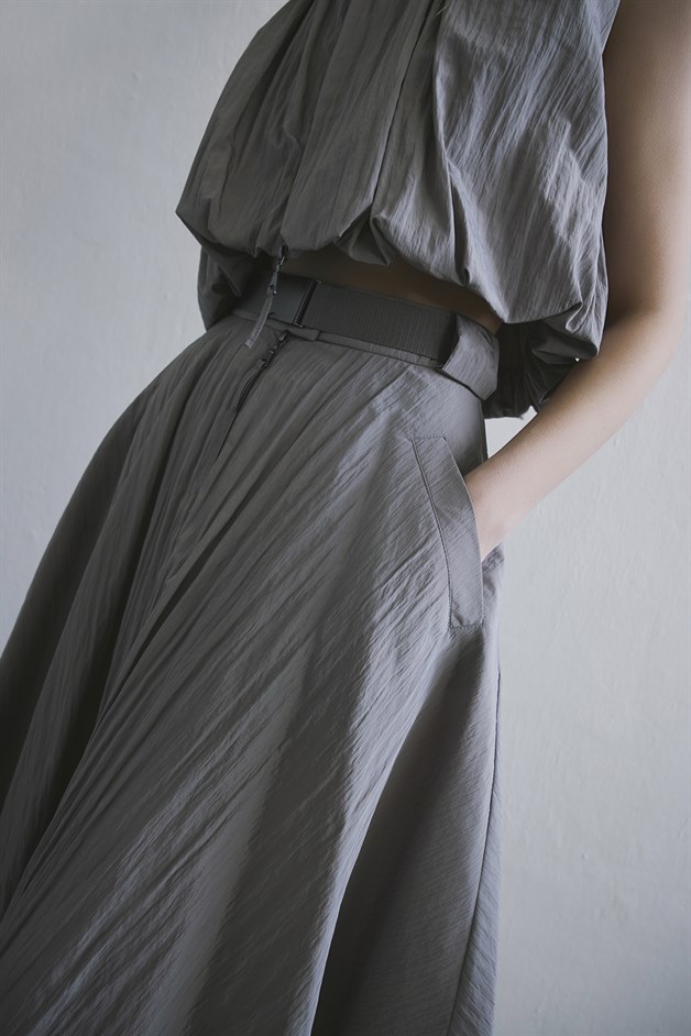 Metal Buckle Flared Mink Midi Skirt