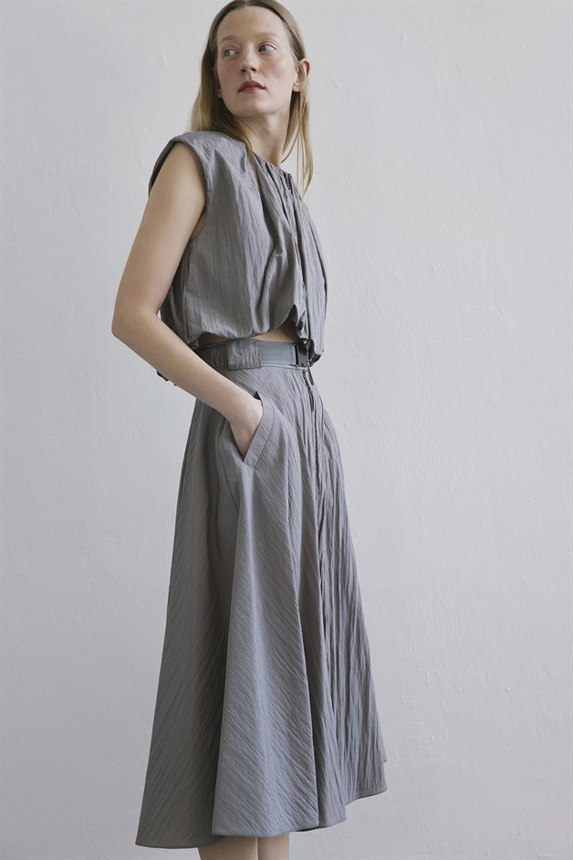 Metal Buckle Flared Mink Midi Skirt