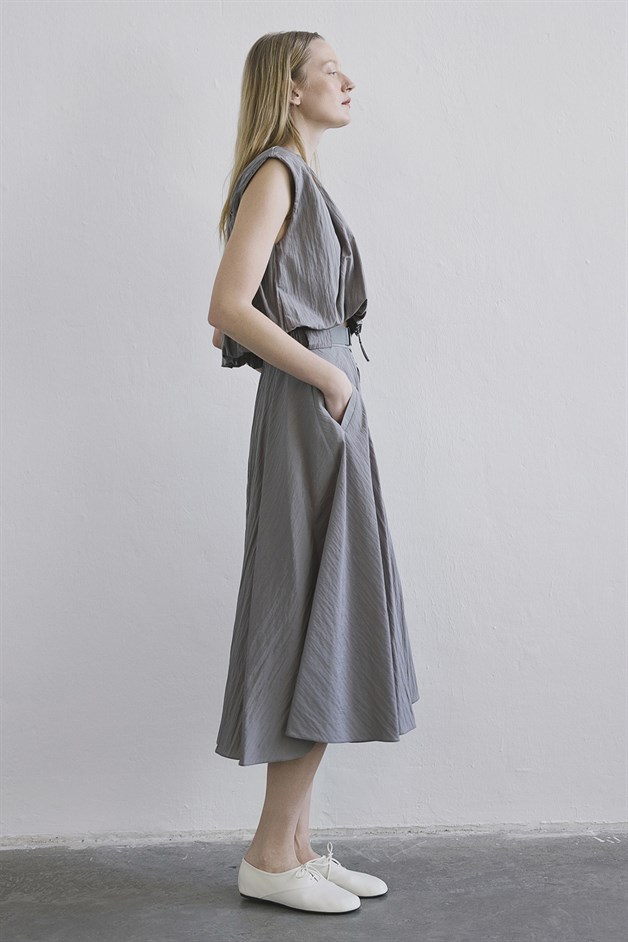 Metal Buckle Flared Mink Midi Skirt