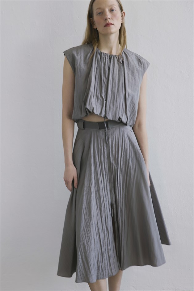 Metal Buckle Flared Mink Midi Skirt