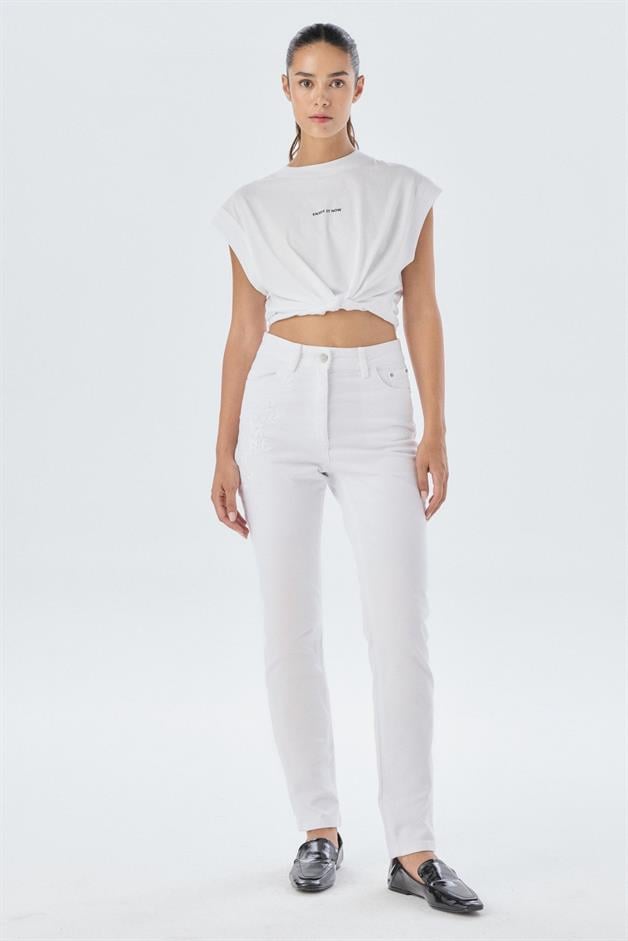 Embroidery Detail White Jean Trousers
