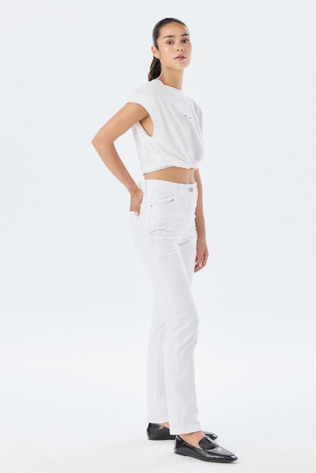 Embroidery Detail White Jean Trousers