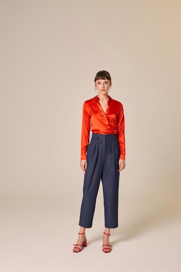 Silk Tie-Front Crop Coral Shirt Blouse  