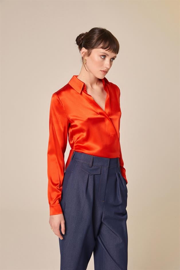 Silk Tie-Front Crop Coral Shirt Blouse  