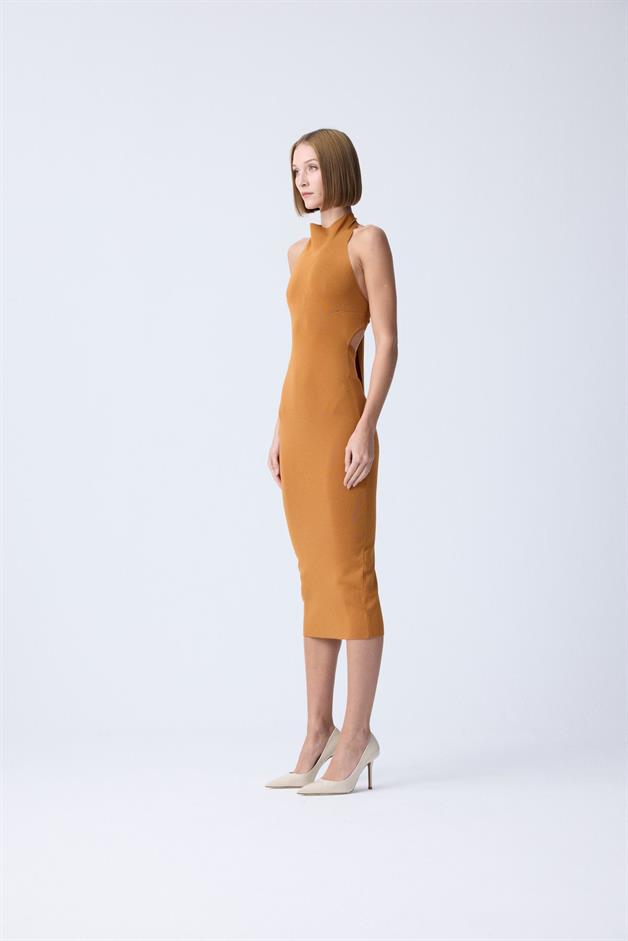 Shoulder Cutout Detail Orange Midi Knit Dress