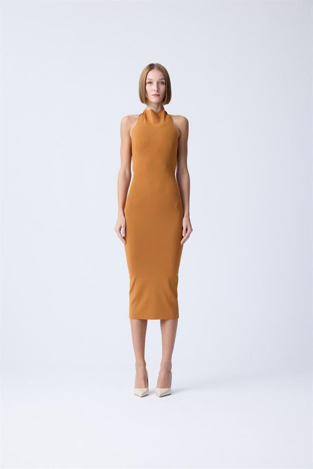 Shoulder Cutout Detail Orange Midi Knit Dress