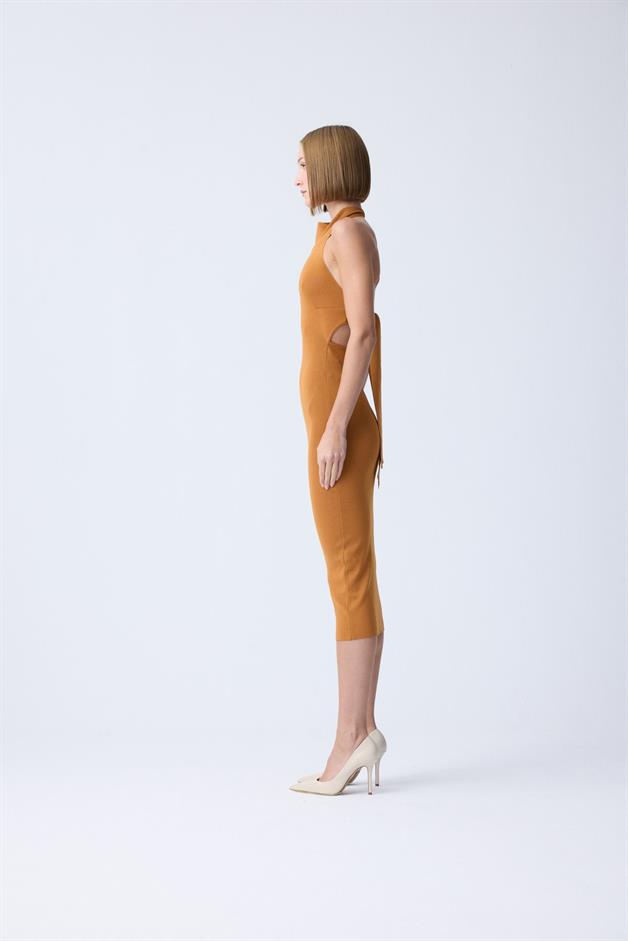 Shoulder Cutout Detail Orange Midi Knit Dress