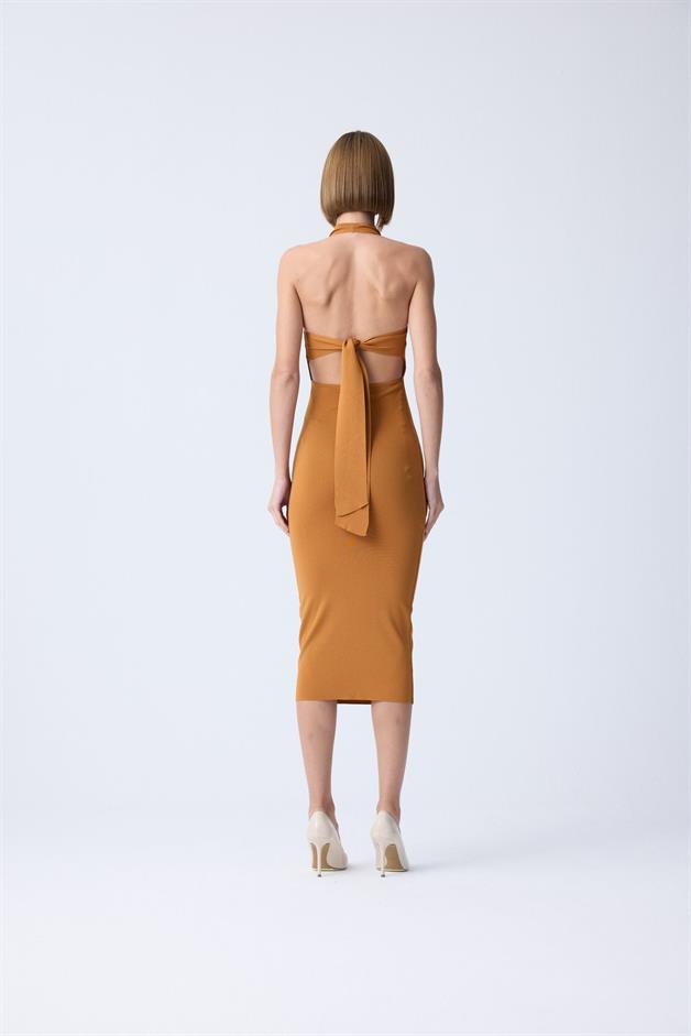 Shoulder Cutout Detail Orange Midi Knit Dress