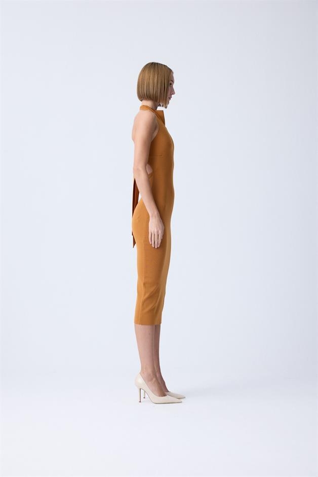 Shoulder Cutout Detail Orange Midi Knit Dress