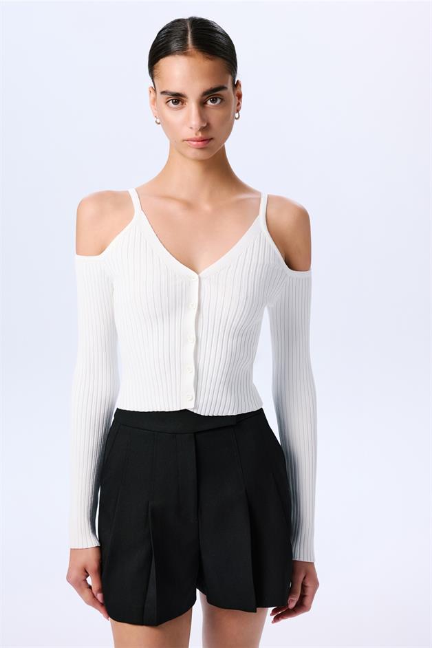 Omuz Dekolteli Crop Ekru Bluz