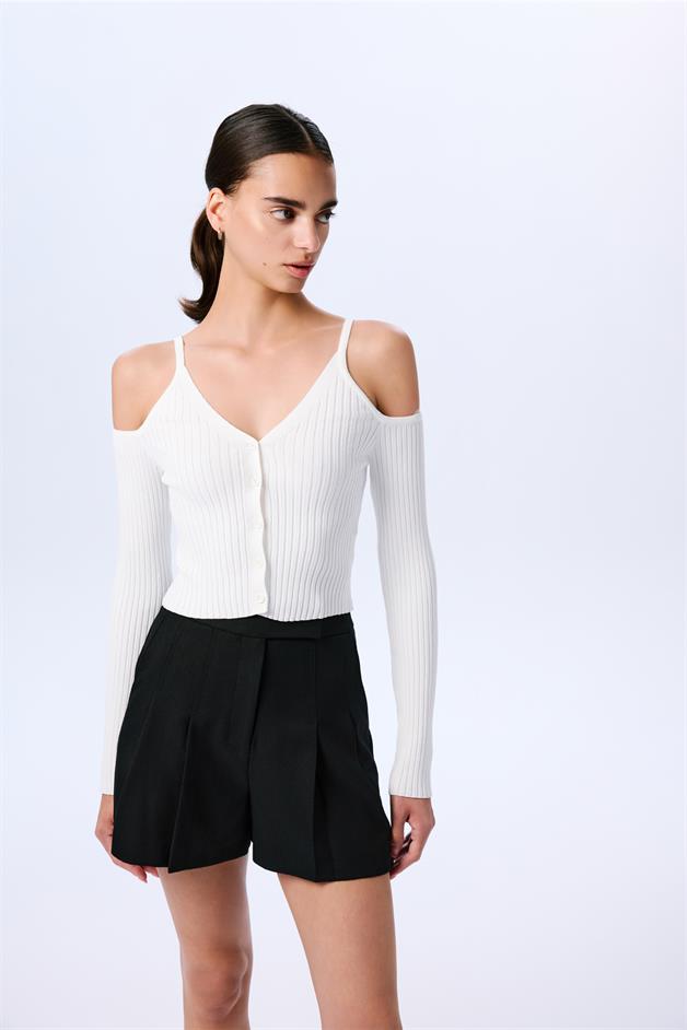 Omuz Dekolteli Crop Ekru Bluz