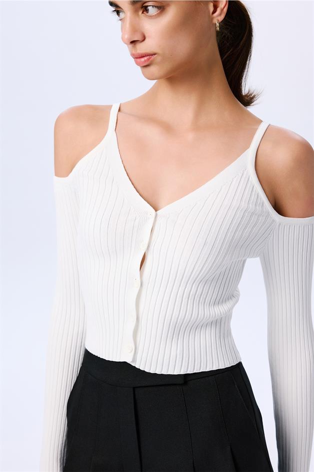Omuz Dekolteli Crop Ekru Bluz