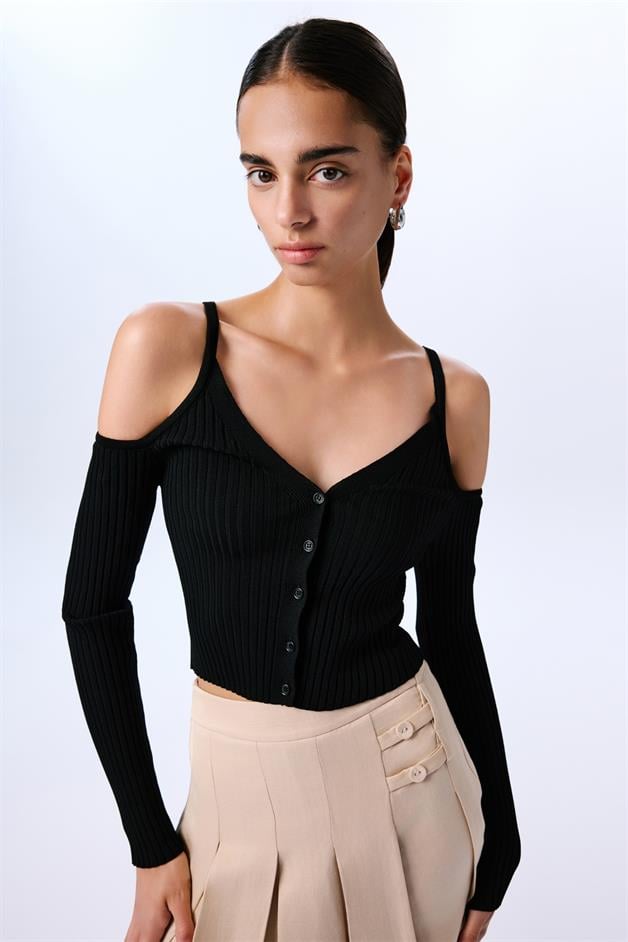 Omuz Dekolteli Crop Siyah Bluz