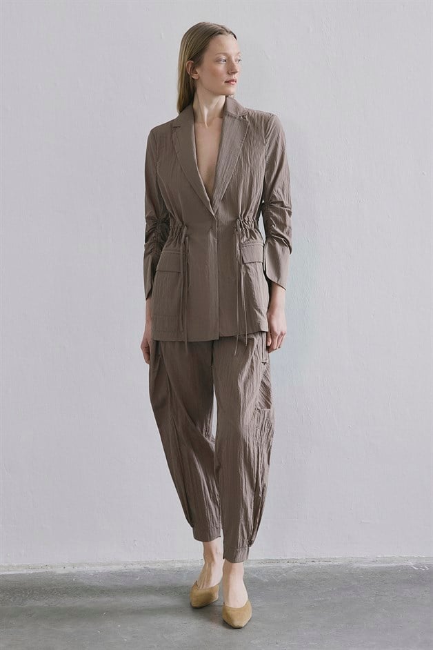 Front Pocket Gathered Detail Camel Jacket