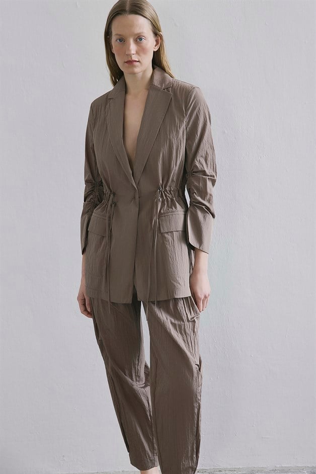 Front Pocket Gathered Detail Camel Jacket