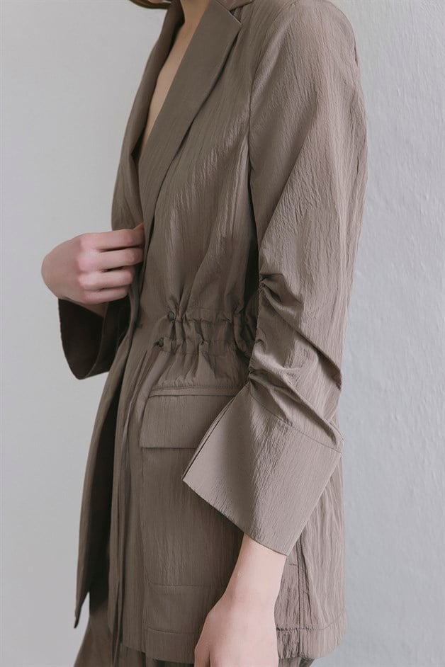 Front Pocket Gathered Detail Camel Jacket