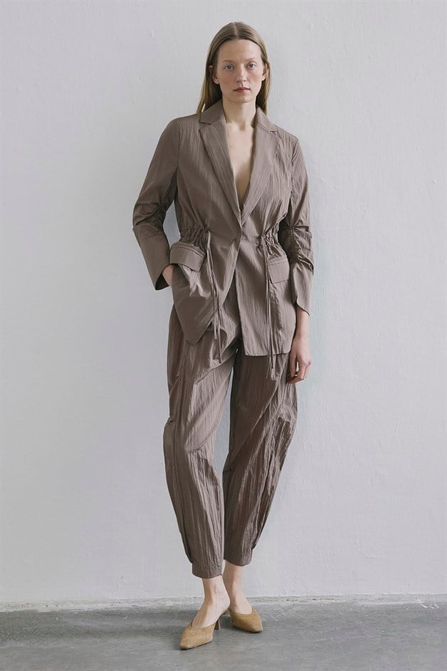 Front Pocket Gathered Detail Camel Jacket