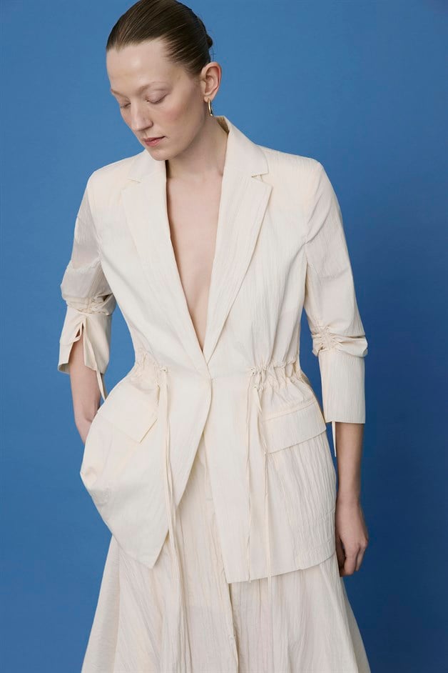 Front Pocket Gathered Detail Ecru Jacket