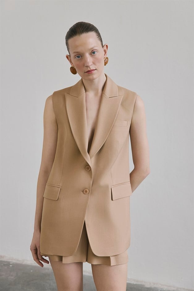 Button Front Side Pocket Camel Vest