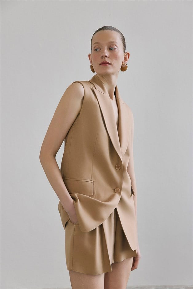Button Front Side Pocket Camel Vest