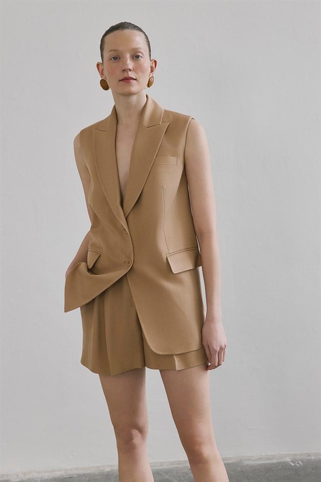 Button Front Side Pocket Camel Vest