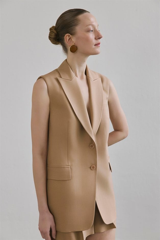 Button Front Side Pocket Camel Vest