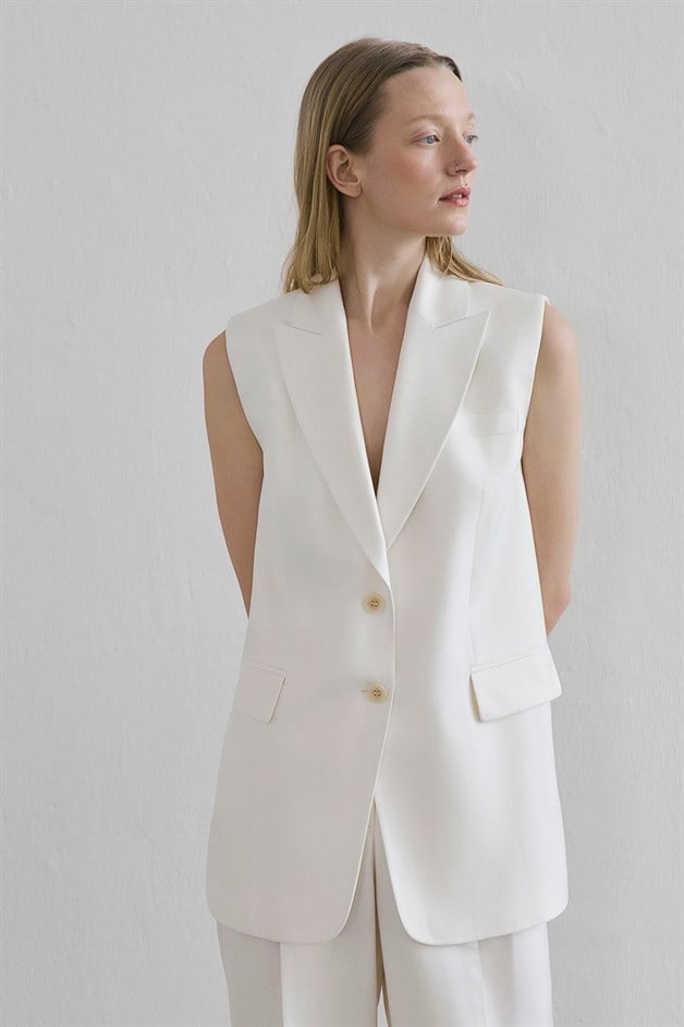 Ön Düğmeli Yan Cep Ekru Yelek