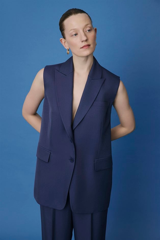 Button Front Side Pocket Navy Vest