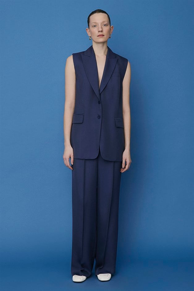 Button Front Side Pocket Navy Vest